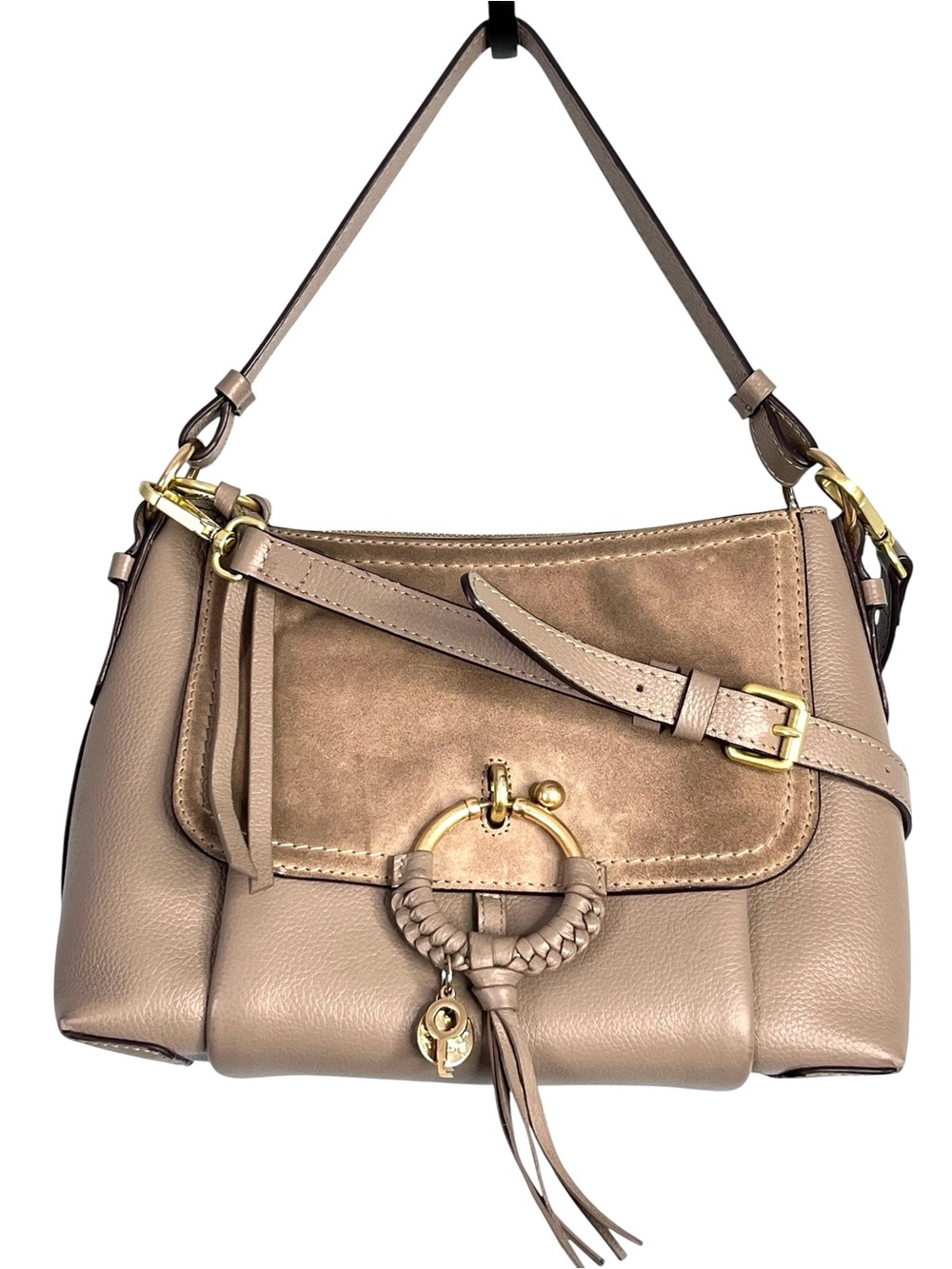 See By Chloe Small Joan Taupe Leather & Suede O-Ring Crossbody Shoulder Bag